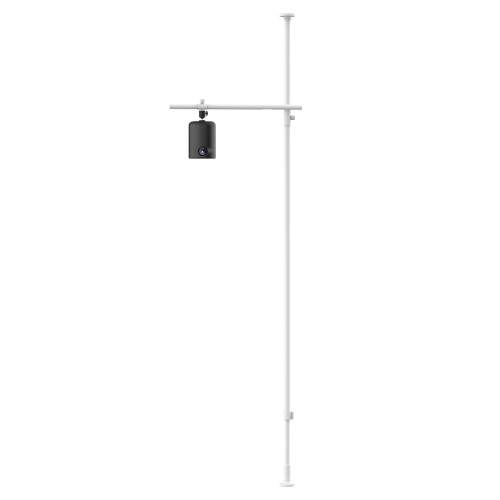 HEIAN SHINDO プロジェクタースタンド 伸縮アーム 高さ・角度調整 マットホワイト 取付高さ190〜300cm TCS-1WH 平安伸銅工業 置き場所に困らない。理想の位置に設置できるプロジェクタースタンドです。 【サイズ】幅59×奥行7×高さ190~300cm【耐荷重】ポール:10kg アーム:2kg【本体重量】1.45kg【カラー】マットホワイト 【材質】〈パイプ類〉鉄・エポキシ樹脂粉体塗装　雲台:鉄、アルミ、ABS樹脂 〈樹脂部品〉ABS樹脂、合成ゴム 〈ねじ類〉鉄・メッキ〈バネ〉バネ鋼・メッキ〈コードベルト〉ナイロン樹脂、PP樹脂 天井と床で突っ張り、穴あけ不要で賃貸でも使用OK、限られたスペースにもすっきり収まる アーム内部にケーブルを通せる構造で、配線のごちゃつきを抑え、すっきりと設置できる 【本製品について】 ■本製品はプロジェクターを設置するための製品です。 ■本製品は家庭用です。業務用として使用しないでください。 ■ご使用前に付属の取扱説明書をよくお読みいただき、正しく使用してください。 【対応プロジェクター】 ■プロジェクターの重量が2kg以内であること。 ■プロジェクター底面と本製品の干渉する範囲 (幅約6cm以内) に、高さ1cm以上の突起などの障害物がないこと。 ■底面固定ねじが、1つ穴タイプで1/4インチねじ (1/4-20UNC) 対応であること。 止めねじ変換アダプターなどは使用しないでください。 ■ 本製品にプロジェクターを吊り下げて使用する場合は、「天吊りモード」または「上下反転投影モード」があるか確認してください。 【取付前の準備】 ■取付場所の強度を確認する 本製品は強力な力で接地面に圧着して取り付けます。石膏ボードなど十分な強度を得られない場所で設置すると、転倒や破損の原因になります。 ■上支柱Bの支柱固定ねじを緩める ねじ部の先端が支柱の内側に出なくなるまで、反時計回りに回して緩めます。 ねじ部の先端が飛び出していると、伸縮支柱の連結時に傷がつく原因になります。 ■伸縮支柱のグリップの端部を「スタート線」に合わせる グリップを「ゆるむ」方向に回して戻し、端部を「スタート線」の手前付近の位置に合わせます。 ■アーム固定ねじを緩める 固定ねじが締め付けられたままだと、支柱に取り付けることができません。 【警告】使用者が重傷を負う可能性が想定される内容です。 ■分解や修理、改造をしない 十分な強度が得られなくなり、思わぬケガや事故、破損の原因になります。 ■お子様だけで使用させない 思わぬケガや事故の原因になります。本製品は小さな部品や、先端がキリ状にとがった部品を使用するため、取り付け作業中も配慮が必要です。 ■よじ登ったりぶら下がったりしない ケガや事故、破損の原因になります。 ■アームは、先端が目に当たる高さに設置しない アームの先端が目に当たると失明やケガなどの原因になります。 ■本製品にカメラを取り付ける場合は、お子様やペットが支柱を倒したり、電源コードに足を引っかけたりしないように設置場所に十分配慮する 特に電源コードが首に巻き付くなどの重大事故を防ぐため、付属のコードベルトを必ず併用してください。 【注意】使用者が傷害を負うことや、家屋 ■家財などの物的損害が発生する可能性が想定される内容です。 ■指定の用途以外で使用しない 破損やケガの原因になります。 ■斜面や湾曲面、凹凸のある場所に取り付けない 製品の転倒の原因になります。 ■押さえたり、引っ張ったり、強い衝撃を加えたりしない 変形、破損の原因や、支柱ごと倒れることによるケガの原因になります。 ■急激に荷重をかけない 変形や破損の原因になります。 ■耐荷重を超えるプロジェクターを取り付けない 変形または落下による破損やケガなどの原因になります。 ■アームに衣類などを掛けない 製品の転倒の原因になります。 ■次の場所で使用しない 変形や変質、劣化の原因になります。 　屋外や直射日光の当たる場所 　燃焼器具や発熱器具の近く 　高温で多湿になる場所 　低温になる場所 ■次の物を付着させない 変質や劣化の原因になります。付着した場合は直ちに取り除いてください。 　消臭剤 ■酸性洗剤 　芳香剤 ■アルカリ性洗剤 　化粧品 ■油脂 ■整髪料 　有機溶剤(ベンジン、シンナー類)など ■水のかかる場所では使用しない さびが発生する原因になります。 ■水につけたり、水をかけたりして丸洗いはしない さびが発生する原因になります。 ■十分強度のある場所に取り付ける 天井材、床材および下地に十分な強度がある場所に取り付けてください。 ■弱い所に取り付ける場合は、市販の木板などで補強することをおすすめします。 ■支柱に指が挟まれないよう注意しながら作業する 指が挟まれてケガをしないよう、十分に注意してください。 ■アームを回転させるときは、必ずアーム固定ねじを緩めてから回転させる 製品の転倒の原因になります。 ■定期的に取付状態を確認する 初回取付時から2〜3日後に確認し、その後は週に1回程度で圧着状態を確認してください。 ■定期的にお手入れをする 取扱説明書の内容に従い、定期的に行なってください。 ■製品異常が発生した場合は使用中止する 破損やひび割れなどの異常が発生した場合は、ただちに使用を中止してください。 商品コード20082028296商品名HEIAN SHINDO プロジェクタースタンド 伸縮アーム 高さ・角度調整 マットホワイト 取付高さ190〜300cm TCS-1WH 平安伸銅工業型番TCS-1WHカラーホワイト※他モールでも併売しているため、タイミングによって在庫切れの可能性がございます。その際は、別途ご連絡させていただきます。※他モールでも併売しているため、タイミングによって在庫切れの可能性がございます。その際は、別途ご連絡させていただきます。