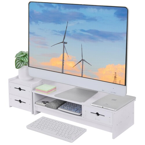 VECELO モニター台 モニタースタンド 幅67×奥行19.5×高さ13cm 仕切り型 省スペース 机上台 引き出し付き 滑り止め 高さ調節可 プリンタ台 キーボード マウス収納 卓上収納 文具収納 組立簡