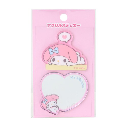 サンリオ(SANRIO) アクリルステッカー マイメロディ シール 598780 本体サイズ:上:約幅5×奥行0.3×高さ4.5cm下:約幅5.3×奥行0.3×高さ4.7cm。主な材料・原料:アクリル 存在感がある厚みのある仕様。ハート形はミラーのように使えて便利。 (C) 2026 SANRIO CO., LTD.　著作 株式会社サンリオ 商品紹介 気分を上げるのにぴったりな新生活〜ステーショナリー〜。マイメロディの表情やポーズに思わずくすっと笑っちゃう。スマホやタブレット、パソコンなどに貼ってデコレーション。 安全警告 ■肌に直接貼らないでください。かゆみ、かぶれ等の原因となる場合があります。 ■飲み込むと窒息する危険がありますので、取り扱いには十分ご注意ください。特に小さなお子様の近くに保管することはお避けください。 ■(ミラーには)表面に保護フィルムが貼られていますので、フィルムをはがしてからご使用ください。 ( ■貼付NGのものがある場合はテキスト追加) ■貼付面の油分、汚れ等をティシュペーパーや乾いた布等できれいに拭き取ってからご使用ください。 ■粘着の強いステッカーですので、貼り直しはできません。 ■剥がす際は、貼付面の塗装剥がれや破損、糊残り、またステッカーが破損する可能性がありますので、十分ご注意ください。 ■使用状況により剥がれてしまう場合がありますので、あらかじめご了承ください。 商品コード20081708310商品名サンリオ(SANRIO) アクリルステッカー マイメロディ シール 598780型番598780カラーマイメロディ※他モールでも併売しているため、タイミングによって在庫切れの可能性がございます。その際は、別途ご連絡させていただきます。※他モールでも併売しているため、タイミングによって在庫切れの可能性がございます。その際は、別途ご連絡させていただきます。