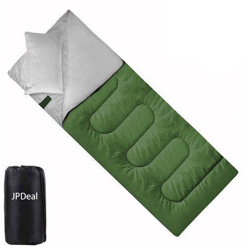 JPDeal 寝袋 封筒型 1.0kg 枕付き 210T防水シュラフ 保温 軽量 コンパクト アウトドア 登山 キャンプ 車中泊 丸洗い可能 収納パック付（モスグリーン）(4.0)