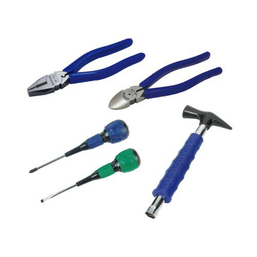 ジェフコム(Jefcom) 新人工具5点セット 電気工事士のデビューにおすすめの道工具 ペンチ・ニッパ・ドライバー・ハンマー(先切) SJK-5SET-A2