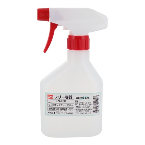 三共コーポレーション GA キャニオンスプレー250mL KN-250 526668 ■JANコード:4954458112043 ■容量:250mL ■全高:182.0mm ■胴径:90.0mm ■口内径:[ファイ]20mm 【特長】 ■業務用からDIYまで多用途に使えます。 【仕様】 ■耐熱温度:60[度] ■耐寒温度:-10[度] 【材質】 ■本体:ポリエチレン(PE) ■スプレー部分:ポリプロピレン(PP) 【特記事項】 ■数値は目安であり、許容差がございます。 ■揮発性の高いものは入れないでください。 商品コード20081304435商品名三共コーポレーション GA キャニオンスプレー250mL KN-250型番KN-250サイズ250mLカラーホワイト※他モールでも併売しているため、タイミングによって在庫切れの可能性がございます。その際は、別途ご連絡させていただきます。※他モールでも併売しているため、タイミングによって在庫切れの可能性がございます。その際は、別途ご連絡させていただきます。