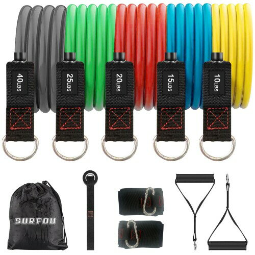 SURFOU トレーニングチューブ 筋トレグッズ 50kg/110LBS 懸垂 チューブ フィットネスチューブ 天然ゴムチューブ 強度別5本 ドアアンカー 足首バンド ハンドル 収納袋付き 11セット 自宅用