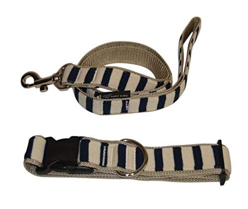 Collars, Harnesses, Leashes - カフカフ 首輪 BOボーダー リード+カラー ネイビーベージュ L