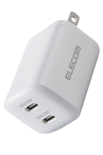 エレコム 充電器 35W Type-C 2ポート USB PD対応 スイング式プラグ PPS対応 ホワイト EC-AC9335WH USB Type-C(TM)ポートを2ポート搭載し、Macbook Airなど対応するノートパソコン・スマートフォン・タブレットを充電できるAC充電器です。 USB Power Delivery 35Wで充電可能。Macbook Airに同梱の35W 電源アダプターと同じ速度で充電できます。 iPhoneなどのスマートフォンを2台同時に充電することも可能です。 ※2ポート同時出力時は合計最大27.5Wとなります。 USB Power DeliveryおよびPPS規格に対応。機器に応じて電圧、電流が変化するため、スマートフォンやのタブレットはもちろん、Windowsノートパソコンまで幅広く充電できます。 【仕様】 ■対応機種:各USB Type-CポートからUSB Power Delivery 35WおよびPPS(Programmable Power Supply)30Wの規格内で充電が可能なノートパソコン、スマートフォンなどの機器。2ポート同時接続時、合計最大27.5Wまでの出力で充電 ■給電可能な機器とその組み合わせ。 ■コネクター形状:USB Type-Cポート×2 ■定格入力電圧:AC100〜240V、50/60Hz ■定格入力電流:1.2A ■定格出力電力:単独接続時:USB Type-C1/USB Type-C2ポート最大出力35W、PPS最大出力30W、2ポート同時接続時:合計最大出力27.5W、USB Type-C1ポート最大出力20W、USB Type-C2ポート最大出力7.5W ■定格出力電圧:単独接続時:USB Type-C1ポート/USB Type-C2ポート:5V/9V/15V/20V、PPS出力5〜11V、2ポート同時接続時:USB Type-C1ポート:5V/9V、USB Type-C2ポート:5V ■定格出力電流:単独接続時:USB Type-C1ポート/USB Type-C2ポート:5V/9V時3A、15V時2.3A、20V時1.75A、PPS出力5〜11V時3A、2ポート同時接続時:USB Type-C1ポート:5V時3A、9V時2.22A、USB Type-C2ポート:5V時1.5A ■外形寸法:幅約45.5mm×厚み約34.4mm×高さ約29.8mm ■重量:約71g ■カラー:ホワイト ■コンセントプラグ仕様:90度スイング構造 ■使用温度:0[度]〜25[度] ■法令:◇PSE 特定電気用品 ■保証期間:1年間 【説明】 ■USB Type-Cポートを2ポート搭載し、Macbook Airなど対応するノートパソコン ■スマートフォン ■タブレットを充電できるAC充電器です。 ■USB Power Delivery 35Wで充電可能。Macbook Airに同梱の35W 電源アダプターと同じ速度で充電できます。 ■iPhoneなどのスマートフォンを2台同時に充電することも可能です。 ※2ポート同時出力時は合計最大27.5Wとなります。 ■USB Power DeliveryおよびPPS規格に対応。機器に応じて電圧、電流が変化するため、スマートフォンやのタブレットはもちろん、Windowsノートパソコンまで幅広く充電できます。 ※USB Power Deliveryとは、アダプターと接続機器間で情報をやり取りすることで、その機器間における最適な電力を選択し、高速充電を実現するUSB規格です。PPS(Programmable Power Supply)とは、0.02V単位で電圧を調整し、最適な電力で効率的に供給することができるUSB Power Deliveryのオプション規格です。 ■Macbook Airに同梱の電源アダプターと比較し、50%以上小型 ■軽量化。プラグ部分を折り畳むこともできるため、バッグの中でもスペースを取りません。ビジネスでの外出やリモートワーク、出張、旅行など持ち運びにも便利です。 ■Macbook付属のUSB-C - MagSafe 3ケーブル を組み合わせて使うことができ、Magsafe3の使いやすさをそのまま使用できます。 ■耐トラッキング性の要求事項(PSE:電気用品安全法)を満たしたコンセントプラグを採用しています。 ※充電ケーブルは同梱していません。別途ご用意ください。 ※USB Type-C ■Lightning ■Micro-B以外の端子に変換するケーブルや変換アダプターを使用すると、給電(充電)できない場合や、充電が遅くなる場合があります。 ※USB Type-C and USB-C are trademarks of USB Implementers Forum. ■自社環境認定基準を1つ以上満たし、『THINK ECOLOGY』マークを表示した製品です。 ■廃棄物削減に取り組み、製品に同梱する取扱説明書等をペーパーレス化した製品です。 ■環境保全に取り組み、製品の包装容器におけるプラスチック重量を、社内基準製品より20%以上削減した製品です。 ■環境保全に取り組み、製品の包装容器が紙 ■ダンボール ■ポリ袋のみで構成されている製品です。 ■環境保全に取り組み、製品本体の主たる構成部品や構成要素の原料に占めるリサイクル原料の割合が10%を超えている製品です。 【商品に関するお問い合わせ】 エレコム総合インフォメーションセンター TEL. 0570-084-465 FAX. 0570-050-012 受付時間 / 10:00〜19:00　年中無休 チャットサポートも可能です。詳細は 8056.jpをご確認ください。 商品コード20077734511商品名エレコム 充電器 35W Type-C 2ポート USB PD対応 スイング式プラグ PPS対応 ホワイト EC-AC9335WH型番EC-AC9335WHカラーホワイト※他モールでも併売しているため、タイミングによって在庫切れの可能性がございます。その際は、別途ご連絡させていただきます。※他モールでも併売しているため、タイミングによって在庫切れの可能性がございます。その際は、別途ご連絡させていただきます。