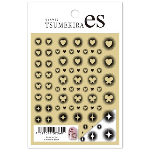 ツメキラ TSUMEKIRA es Airy cheek Black/エアリーチーク ブラック お取り寄せ シートサイズ: 78mm×97mm パッケージサイズ: 78mm×120mm 原材料: PE 原産国: 日本 TSUMEKIRA 【es】Airy cheek Black/エアリーチーク ブラック 【お取り寄せ】 その他,10%OFF 容量/サイズ:[es]外装78×120(mm)、シート78×97(mm) マスキングテープやエアブラシを使わなくても、貼るだけで簡単にくり抜きチークネイルができちゃいます! 人気のホワイトに新柄と、要望の多かったブラックが柄を変えて登場! 【しなやかフィットシート】 ■柔らかく爪にフィットする素材です ■粘着力アップでシールの端が浮きにくくなりました ■薄さは0.04ミリの極薄素材 ■未硬化ジェルに貼れます ※やわらかい素材な為、剥がし始め等お取り扱いにご注意ください。 ※ネイルシールが薄い為、台紙から取り外す時には、台紙をそらしていただくと、より剥がしやすくなります。 ※貼付ける際は空気が入らないように、端からゆっくりと貼付けてください。 ※ネイルシールを貼る面には凹凸が無いようにし、ネイルシールを包み込むようにジェルを塗ってください。剥がれの原因になります。 ※肌には直接貼らないでください。 ※小さなお子様やペットの手の届かない場所に保管をしてください。 ※爪に異常がある場合は使用を中止してください。また異常が現れた場合はすみやかに使用を中止し、専門の医師の相談を受けてください。 ※直射日光や極端な高温低温 ■多湿を避けて保管してください。 商品コード20082082521商品名ツメキラ TSUMEKIRA es Airy cheek Black/エアリーチーク ブラック お取り寄せ型番ES-ACH-004サイズ[es]外装78&times;120(mm)、シート78&times;97(mm)※他モールでも併売しているため、タイミングによって在庫切れの可能性がございます。その際は、別途ご連絡させていただきます。※他モールでも併売しているため、タイミングによって在庫切れの可能性がございます。その際は、別途ご連絡させていただきます。