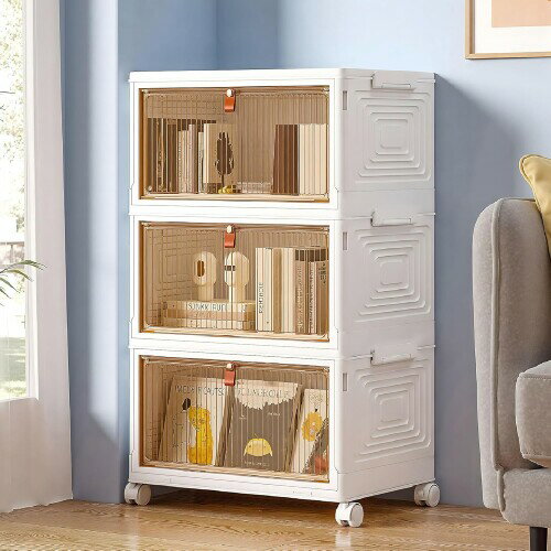 VECELO 収納ボックス 収納ケース 幅38.5x奥行き27x高さ64CM キャスター付き 半透明扉付き折りたたみボックス 磁石開閉式 大容量 防塵 防湿 無臭 厚み 書類/衣類/布団/おもちゃ/小物/食品収納