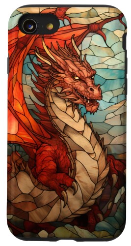 Red Colored Dragon Stained Glass Medieval Cover Phone スマホケース iPhone SE (2020) / 7 / 8 用