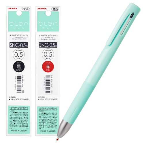 ゼブラ 多機能ペン ブレン2+S 0.5mm ブルーグリーン軸 替芯2本セット B2SAS88-SNC5-BGAZ 【ブレン2+S】単色と同じサイズ!シャープがついたスリムな多機能ペン! 【ブレン特長】(1)低重心(重心を下げることで筆記のブレを防ぐ)(2)ダイレクトタッチ(中芯をホールドし、ペン先のブレを防ぐ)(3)ノイズフリー設計(各パーツの隙間をなくし、ペン内部のブレを防ぐ) 【インク】エマルジョン染料+顔料 【本体サイズ】最大軸径11.8×143.6mm/重量12.2g 【適合替芯】SNC-0.5芯 筆記振動を制御したブレないブレン2+Sに替芯を黒赤1本ずつのセット組! 使用頻度が多い方に最適のセット商品です。ゼブラの「ブレン」で筆記のストレス解消! そのブレンに多機能ペンが新登場しました。 これまでになめらかな書き味やグリップ付で握りやすい商品は販売しておりますが、それに加えてペン先のガタツキやノック部の雑音解消まで拘った商品はありませんでした。 これら全てを解消することでストレスのない新しい書き心地「ブレン」を開発しました! デスクに紙一枚でも、ストレスなく集中して書ける筆記振動を制御したブレないボールペン。是非、一度お試し下さい! 商品コード20063934608商品名ゼブラ 多機能ペン ブレン2+S 0.5mm ブルーグリーン軸 替芯2本セット B2SAS88-SNC5-BGAZ型番B2SAS88-SNC5-BGAZサイズ0.5mmカラーブルーグリーン※他モールでも併売しているため、タイミングによって在庫切れの可能性がございます。その際は、別途ご連絡させていただきます。※他モールでも併売しているため、タイミングによって在庫切れの可能性がございます。その際は、別途ご連絡させていただきます。