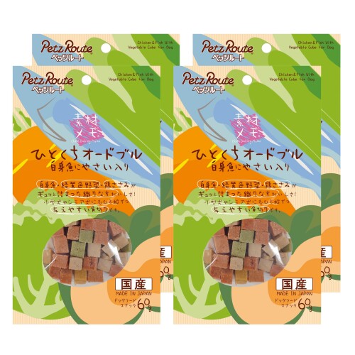 ペッツルート (Petz Route) ひとくちオードブル 白身魚にやさい入り 犬用 60g ×4個セット ささみと白身魚と緑黄色野菜をミックスした、ひとくちキューブおやつ♪ 商品紹介 低脂肪ささみとかぼちゃ ■にんじん ■キャベツ ■ほうれん草にあっさりした白身魚が入ったひとくちサイコロキューブおやつです。 原材料 ■成分 【原材料】小麦粉、鶏ささみ、鶏肉、じゃがいもでん粉、脱脂大豆、糖類、白身魚(太刀魚)、小麦グルテン、バターミルクパウダー、野菜類(かぼちゃ、にんじん、キャベツ、ほうれん草)、プロピレングリコール、ソルビトール、保存料(ソルビン酸K、デヒドロ酢酸Na)、リン酸塩(Na)、食塩、酸化防止剤(エリソルビン酸Na)、着色料(酸化チタン、黄4、黄5、赤102、赤106、青1) 【保証成分】たんぱく質14.0%以上、脂質3.0%以上、粗繊維0.5%以下、灰分3.0%以下、水分40.0%以下 【エネルギー】約250kcal/100g 使用方法 【給与方法】パッケージ記載の給与量は1日あたりの目安です。1日2回位に分けて、健康状態、運動量、季節により量を調節し、おやつとして与えてください。 【使用上の注意】ドッグ用のスナックです。 ※本品は間食です。生後3ヶ月位まで(離乳期前後)の幼犬には与えないでください。成長期なので、主食だけをあげてください。 ※愛犬の性格や食べ方、お腹の減り具合では、のどに詰まらせたりする場合があります。個体差により適切な大きさにして、目の届く所で与えてください。 ※お子様が愛犬に与える時は、安全のため大人が立ち会ってください。 ※給与量を参考に、愛犬が食べ過ぎないようにしてください。 ※アレルギーのある愛犬には、原材料を確認してから与えてください。 ※愛犬の体調が悪くなった時には獣医師に相談してください。 【保存上の注意】〈未開封〉幼児やペットの手が届かない所で、直射日光、高温多湿を避けて保存してください。常温で保存できますが、なるべく低温で保管してください。〈開封後〉チャックを閉じ、必ず冷蔵庫で保存してください。おいしさが落ちますので早めに与えてください。鮮度を保つために、脱酸素剤を入れていますが、食べ物ではありません。誤飲をしないよう、直ぐに捨ててください。 商品コード20082142636商品名ペッツルート (Petz Route) ひとくちオードブル 白身魚にやさい入り 犬用 60g &times;4個セット型番9004397054005※他モールでも併売しているため、タイミングによって在庫切れの可能性がございます。その際は、別途ご連絡させていただきます。※他モールでも併売しているため、タイミングによって在庫切れの可能性がございます。その際は、別途ご連絡させていただきます。