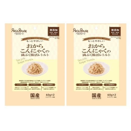 ペッツルート (Petz Route) おからこんにゃくの満ぷく腸活レトルト 犬用 60g×2袋 ×2個セット 国産原料のみを使用したヘルシー贅沢トッピング♪ 商品紹介 こんにゃくを作る凝固剤以外の添加物は一切不使用!国産原料を使ったお肉のような贅沢トッピングです。 原材料 ■成分 【原材料】おから、こんにゃく粉、凝固剤(水酸化カルシウム) 【保証成分】たんぱく質1.5%以上、脂質0.5%以上、粗繊維2.5%以下、灰分0.7%以下、水分90.0%以下 【エネルギー】39kcal/100g 使用方法 【給与方法】パッケージ記載の給与量は1日当たりの目安です。1日2回位に分けて、健康状態、運動量、季節により量を調節し、一般食(おやつ)として、またはいつものごはん(総合栄養食)のトッピングとして与えてください。 【使用上の注意】ドッグ用の一般食です。 ※本品は一般食(おやつ)です。生後3ヶ月位まで(離乳期前後)の幼犬には与えないでください。成長期なので、主食だけをあげてください。 ※愛犬の性格や食べ方、お腹の減り具合では、のどに詰まらせたりする場合があります。個体差により適切な量にして、目の届く所で与えてください。 ※お子様が愛犬に与える時は、安全のため大人が立ち会ってください。 ※給与量を参考に、愛犬が食べ過ぎないようにしてください。 ※アレルギーのある愛犬には、原材料を確認してから与えてください。 ※愛犬の体調が悪くなった時には獣医師に相談してください。 【開封時の注意】パウチのふち、切り口で手を切らないようにご注意ください。中身が飛び散らないよう、ゆっくりと開けてください。 【保存上の注意】〈未開封〉幼児やペットの手が届かない所で、直射日光、高温多湿を避けて保存してください。常温で保存できますが、なるべく低温で保管してください。〈内袋開封後〉袋口を閉じ必ず冷蔵庫で保存してください、おいしさが落ちますので、早めに与えてください。 商品コード20082142642商品名ペッツルート (Petz Route) おからこんにゃくの満ぷく腸活レトルト 犬用 60g&times;2袋 &times;2個セット型番9004397522009サイズ60g&times;2袋※他モールでも併売しているため、タイミングによって在庫切れの可能性がございます。その際は、別途ご連絡させていただきます。※他モールでも併売しているため、タイミングによって在庫切れの可能性がございます。その際は、別途ご連絡させていただきます。