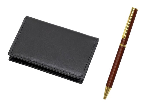 Other - 再生牛革4ポケット名刺入 木軸回転403ボールペンセット T23-LS030B-403