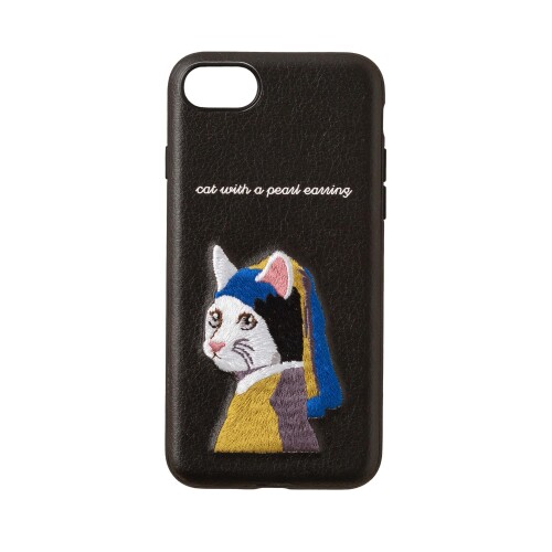 iPhoneSE (1a, 2a, 3a generación) 6/7/8 compatible Jubilee Juveniles Estereoscopio iPhone Caso PU de madera Jubilee Diseño Art Black Pintura Gato Niña con orejas de perlas Fermer