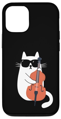 iPhone 15 ネコとコントラバス 猫とサングラス ネコ好き 猫飼い コントラバス ウッドベース ダブルベース ジャズ音楽 ネコ 猫 スマホケース