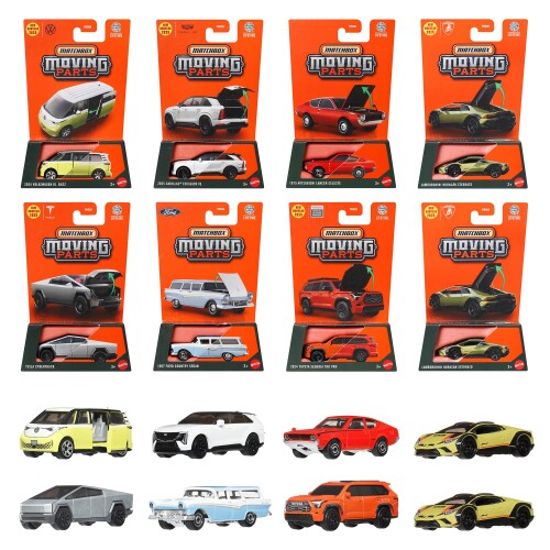 マッチボックス(Matchbox) ムービングパーツ アソート 乗り物おもちゃ ミニカー 8台入り BOX販売 3歳から マルチ FWD28-985H 【内容】「マッチボックス」から、各車種ギミックが付いたムービングパーツの新アソートが登場!各車種のギミックが一目で分かるパッケージも特徴です。今回のアソートでは、新金型として「2024 フォルクスワーゲン ID. Buzz」「テスラ サイバートラック」「2024 トヨタ セコイア?TRD Pro」「2025 キャデラック エスカレード IQ」がラインアップ! 【内訳】2024 フォルクスワーゲン ID. Buzz(2024 Volkswagen ID. BUZZ)x1、テスラ サイバートラック(Tesla Cybertruck)x1、2024 トヨタ セコイア?TRD Pro(2024 Toyota Sequoia TRD Pro)x1、2025 キャデラック エスカレード IQ(2025 Cadillac Escalade IQ)x1、ランボルギーニ ウラカン ステラート(Lamborghini Hurac?n Sterrato)x2、1957 フォード カントリー セダン(1957 Ford Country Sedan)x1、1975 三菱 ランサー セレステ(1975 Mitsubishi Lancer Celeste)x1、合計8点 【原産国】タイ　【対象年齢】3歳〜 【BOX入り】BOX販売のため、専用の段ボールに入っています。専用段ボールは商品がピッタリ収まるため、大切なコレクションを保管するのに最適です。 【プレゼントに最適】お誕生日、クリスマスプレゼント、入園・入学祝いなど記念日でのプレゼントにぴったりです。 【内容】「マッチボックス」から、各車種ギミックが付いたムービングパーツの新アソートが登場!各車種のギミックが一目で分かるパッケージも特徴です。 今回のアソートでは、新金型として「2024 フォルクスワーゲン ID. Buzz」「テスラ サイバートラック」「2024 トヨタ セコイア?TRD Pro」「2025 キャデラック エスカレード IQ」がラインアップ! 【内訳】合計8点 2024 フォルクスワーゲン ID. Buzz(2024 Volkswagen ID. BUZZ)x1 テスラ サイバートラック(Tesla Cybertruck)x1 2024 トヨタ セコイア?TRD Pro(2024 Toyota Sequoia TRD Pro)x1 2025 キャデラック エスカレード IQ(2025 Cadillac(R) Escalade IQ)x1 ランボルギーニ ウラカン ステラート(Lamborghini Hurac?n Sterrato)x2 1957 フォード カントリー セダン(1957 Ford Country Sedan)x1 1975 三菱 ランサー セレステ(1975 Mitsubishi Lancer Celeste)x1 【原産国】タイ 【対象年齢】3歳〜 【BOX入り】BOX販売のため、専用の段ボールに入っています。専用段ボールは商品がピッタリ収まるため、大切なコレクションを保管するのに最適です。 【プレゼントに最適】お誕生日、クリスマスプレゼント、入園 ■入学祝いなど記念日でのプレゼントにぴったりです。 【マッチボックス】1953年にイギリスで登場し、ダイキャストカーのカテゴリーを作った「マッチボックス」。ライセンスカーを中心に、実車を忠実に再現したデザインが特徴です。 商品コード20082048707商品名マッチボックス(Matchbox) ムービングパーツ アソート 乗り物おもちゃ ミニカー 8台入り BOX販売 3歳から マルチ FWD28-985H型番FWD28-985Hサイズ1/64カラー【1】985H※他モールでも併売しているため、タイミングによって在庫切れの可能性がございます。その際は、別途ご連絡させていただきます。※他モールでも併売しているため、タイミングによって在庫切れの可能性がございます。その際は、別途ご連絡させていただきます。