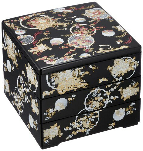 若泉漆器 3段重箱 6.5寸重 黒花丸文様(内黒) H-150-57A