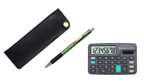 ミニ電卓付 横ホックペンケース黒 メタル＆ピッチグリップボールペンセット 緑 T23-D-NK01B-WZ2067BP-G