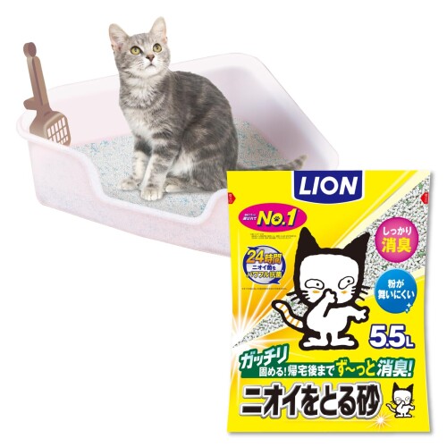 ライオン 猫トイレ ニオイをとる砂 コンパクトコーナー型猫トイレ + ニオイをとる砂 無香料 5.5L×1袋セット 頭数+1台応援セット 消臭力が高い鉱物系 子猫から 成猫 シニア猫 大型猫まで mannishboy-24635794 マニッシュボーイ パッケージ画像