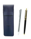 シボ革ペンケース青 金属製指示棒とAP300昭和40年代復刻ノック式金属クリップボールペンセット 黒 SASL-701S-AP300B-B