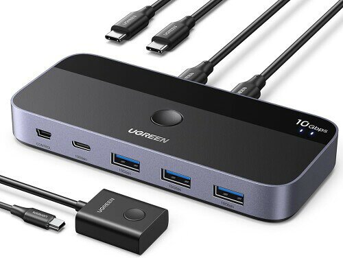 UGREEN 10Gbps USB-C切替器 USB3.2 2 台のPCでUSB-C&A デバイスを共有 Mac用 4ポート USB-C3.2 スイッチャー キーボード/マウス/ウェブカメラ/USBマイク/プリンタを切り替え 2台のUSB Cラップトップ用、USB
