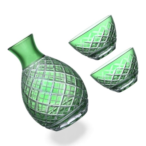 匠美風 ディナー ラグゼ 切子 グラス カップ 日本酒 酒器 (徳利 1 盃 2 セット) 菱紋 グリーン 煌雅 PNO.334351
