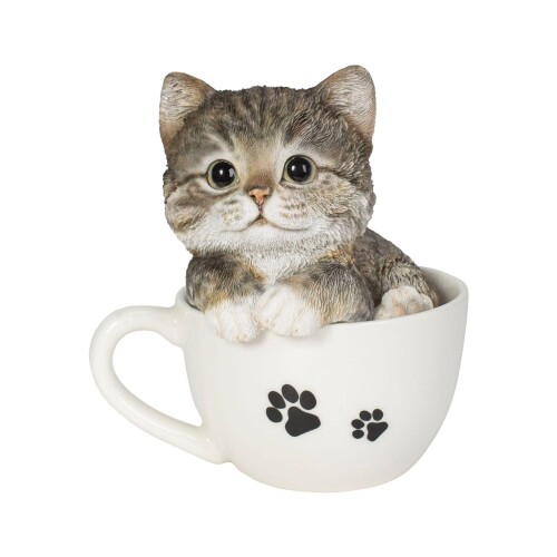 Rakuten - ウービア サバトラ白猫 in 足跡カップ 13×12.8×14.6cm 人形 フィギュア 置き物 アニマル 動物 ガーデン 装飾 ネコ H15328-T-A10