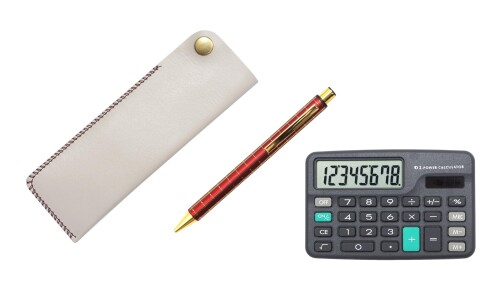 ミニ電卓付 横ホックペンケース白 NQ30K 太軸金属ストレートノック・ダブルアルマイト加工格子 シャー..