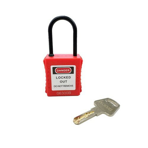 ロックアウト用絶縁パドロック(吊径4mm)赤本体:高性能プラスチック、ナイロン 吊:ナイロン シリンダー部分：亜鉛合金 吊径[ファイ]4mm x H38mm キー2本付属