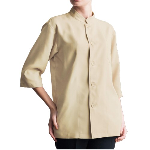 (アルベ) コックシャツ 五分袖 兼用 シックカラー シングル SS~5L (ストレッチ/透防止/制電/防汚) 飲食 レストラン サービス 厨房 制服 7756 7756 C-7 ベージュ M