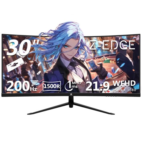 ゲーミングモニター 200Hz 30インチ ウルトラワイドディスプレイ 曲面 LED WFHD 21:9 2560x1080/非光沢/VAパネル/1500R/HDR(標準輝度:300cd/m2)/1ms/FreeSync/HDMI/DisplayPort/スピーカー内蔵 Z-EDGE UG30