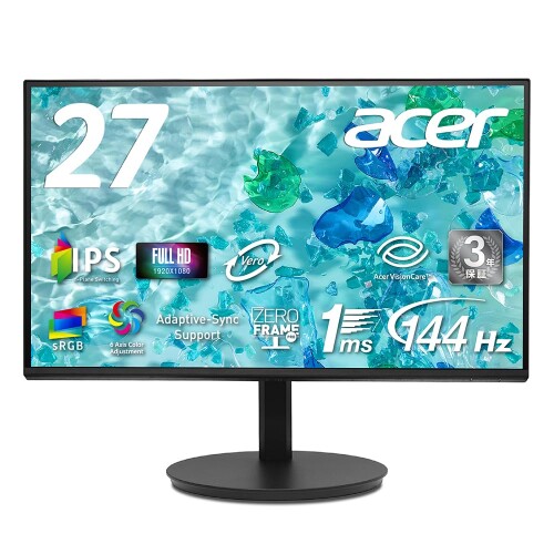Acer VERO 27インチ フルHD IPS 非光沢 エルゴスタンド 144Hz 1ms(VRB) sRGB 99% ブルーライトシールドプロ HDMI 1.4 DisplayPort v1.2 ミニD-Sub 15ピン スピーカー ヘッドフォン端子 VESAマウント対応 4辺フレ