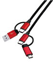 ウイルコム USB 充電 4in1 タフケーブル Type-C PD対応 4端子一体型 4Way 1m レッド&ブラック UTT-100C-01RD