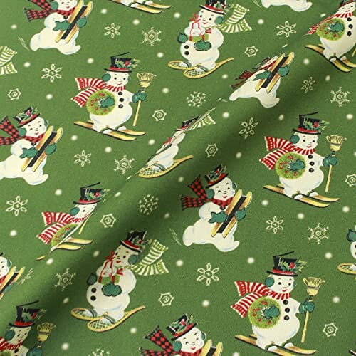 Christmas Collection クリスマスプリント生地 クリスマス遊ぶスノーマン柄 巾110cm×50cm切売 LEAFグリーン DCX10370-LEAF