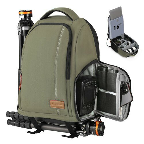 (TARION) カメラリュック カメラバッグ 一眼レフ 15L 2気室 超軽量0.85KG サイドアクセス 15.6インチPC収納 サイド&ボトム三脚収納可 複数ポケット TB-04 グリーン