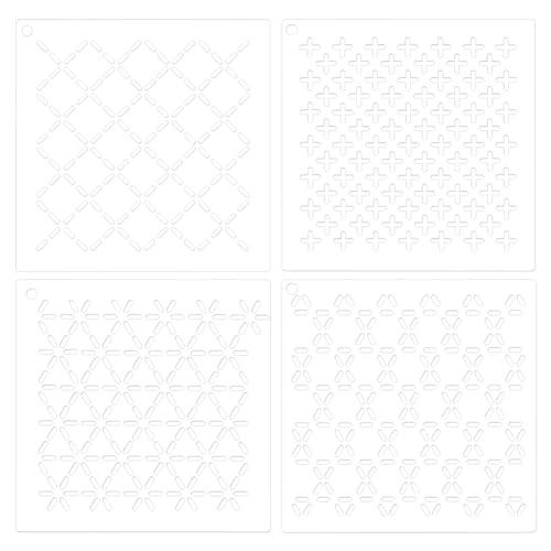 BENECREAT 4点 アクリル刺し子ステンシル 刺し子テンプレート 12x12cm クロス 菱形 三角形 六角形 アクリル刺繍ツール 描画線テンプレート ハ...