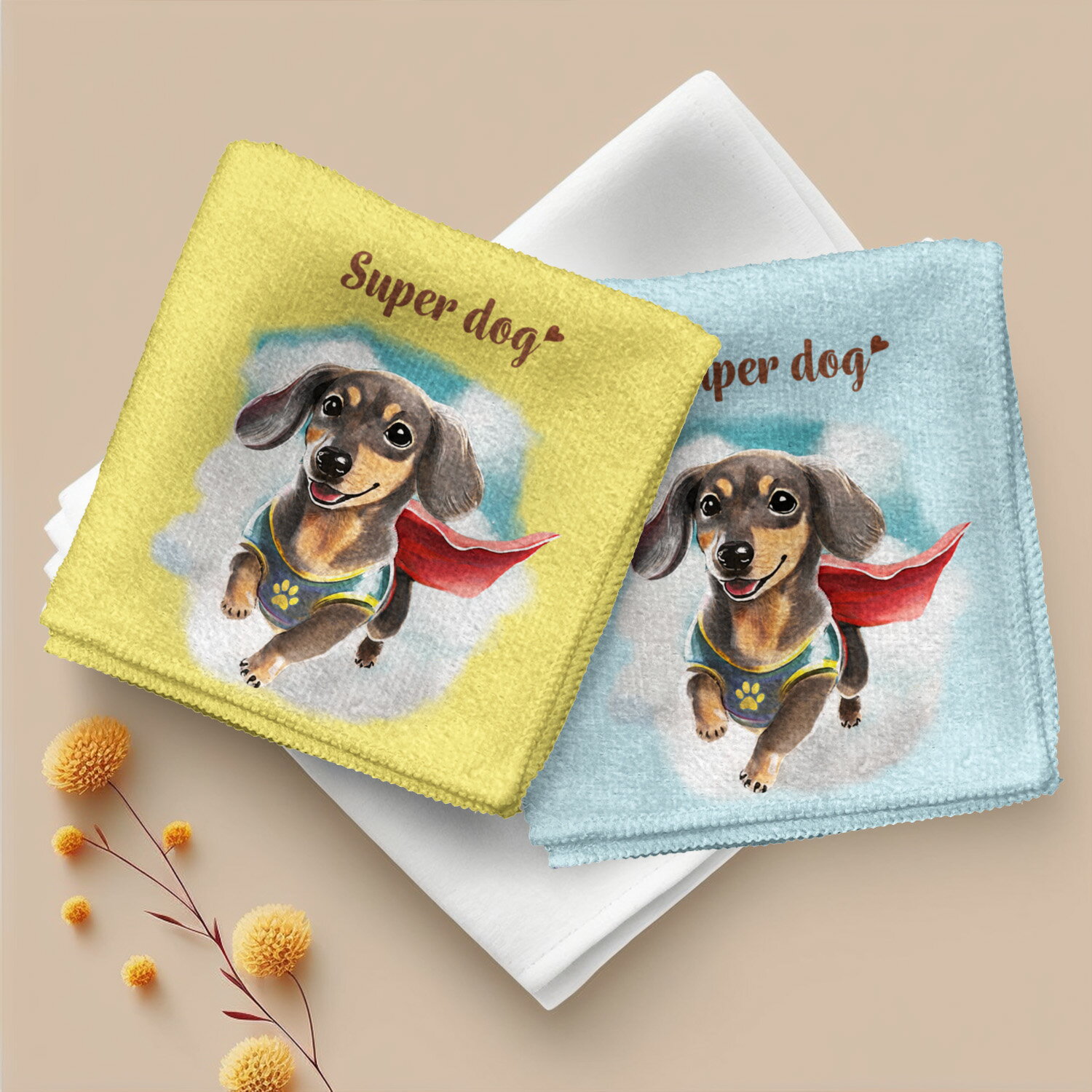 ダックスフンド 犬 ハンカチ かわいい 名入れ無料 2枚セット ペット うちの子 犬グッズ 犬イラスト プレゼント ギフト 名入れ 名前入り おしゃれ 誕生日 母の日 贈り物 コーギーブラザーズ 【 ヒーロー シリーズ 】 DCHCHND