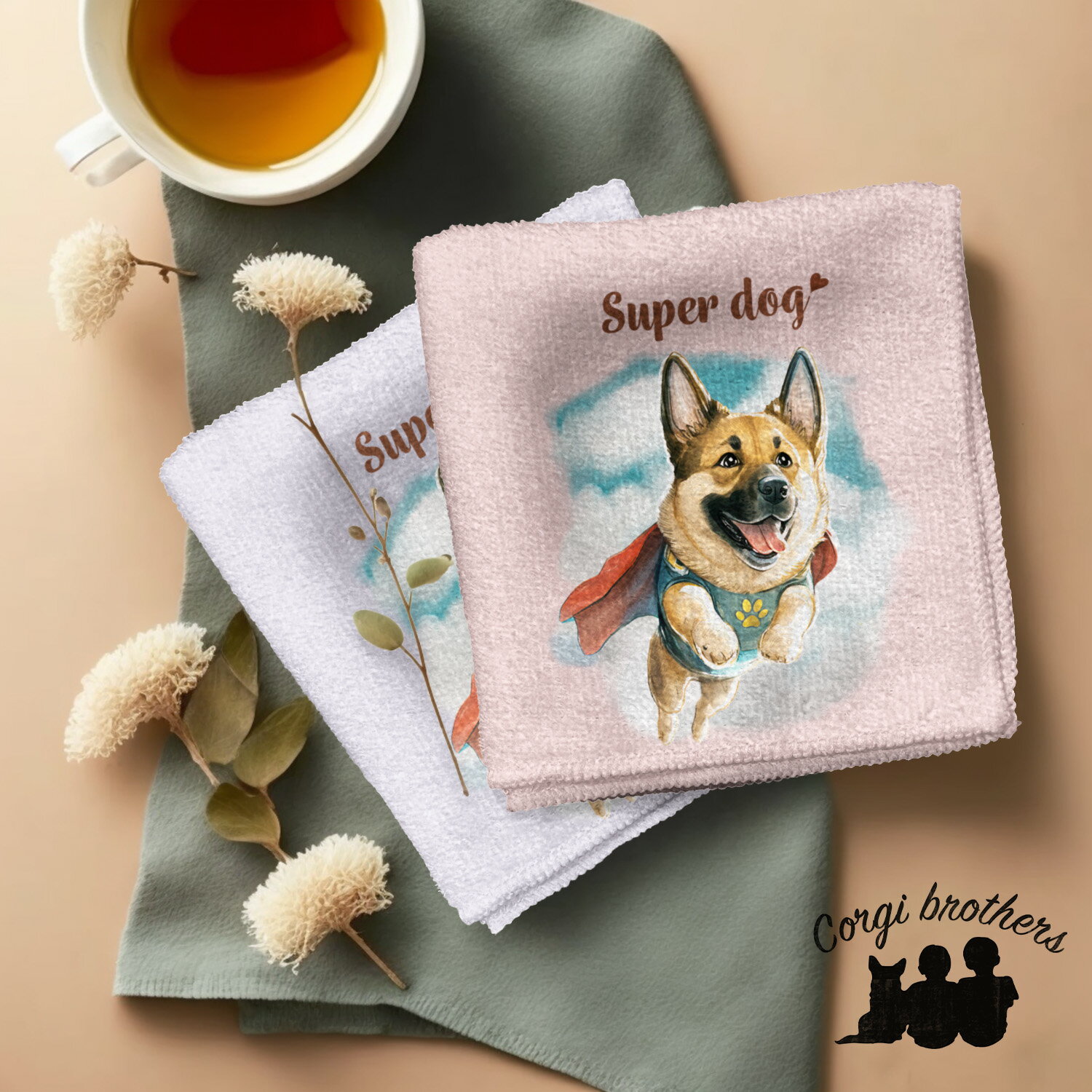 ジャーマンシェパード 犬 ハンカチ かわいい 名入れ無料 2枚セット ペット うちの子 犬グッズ 犬イラスト プレゼント ギフト 名入れ 名前入り おしゃれ 誕生日 母の日 贈り物 コーギーブラザーズ 【 ヒーロー シリーズ 】 GSHCHND