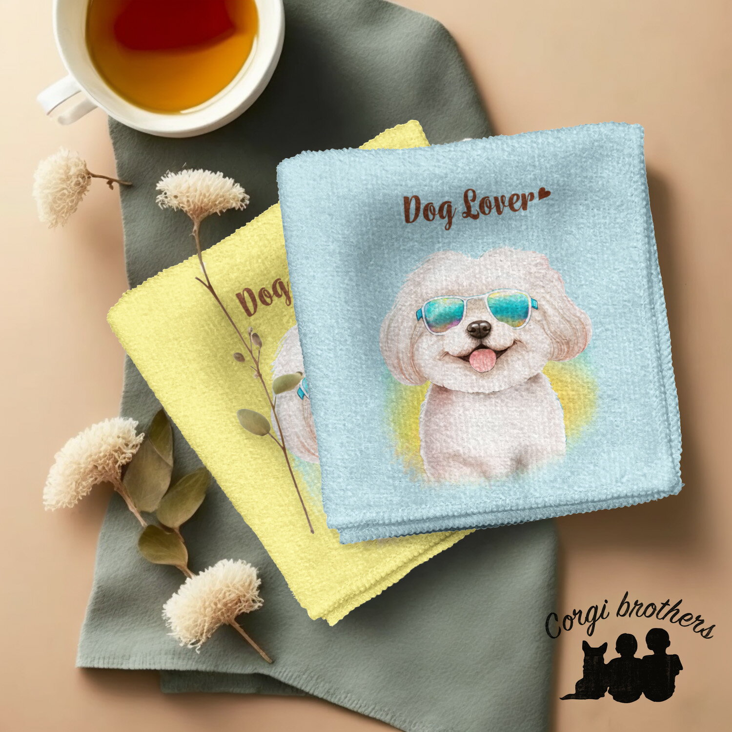 マルチーズ 犬 ハンカチ かわいい 名入れ無料 2枚セット ペット うちの子 犬グッズ 犬イラスト プレゼント ギフト 名入れ 名前入り おしゃれ 誕生日 母の日 贈り物 コーギーブラザーズ 【 グラサン シリーズ】 MLTGHND