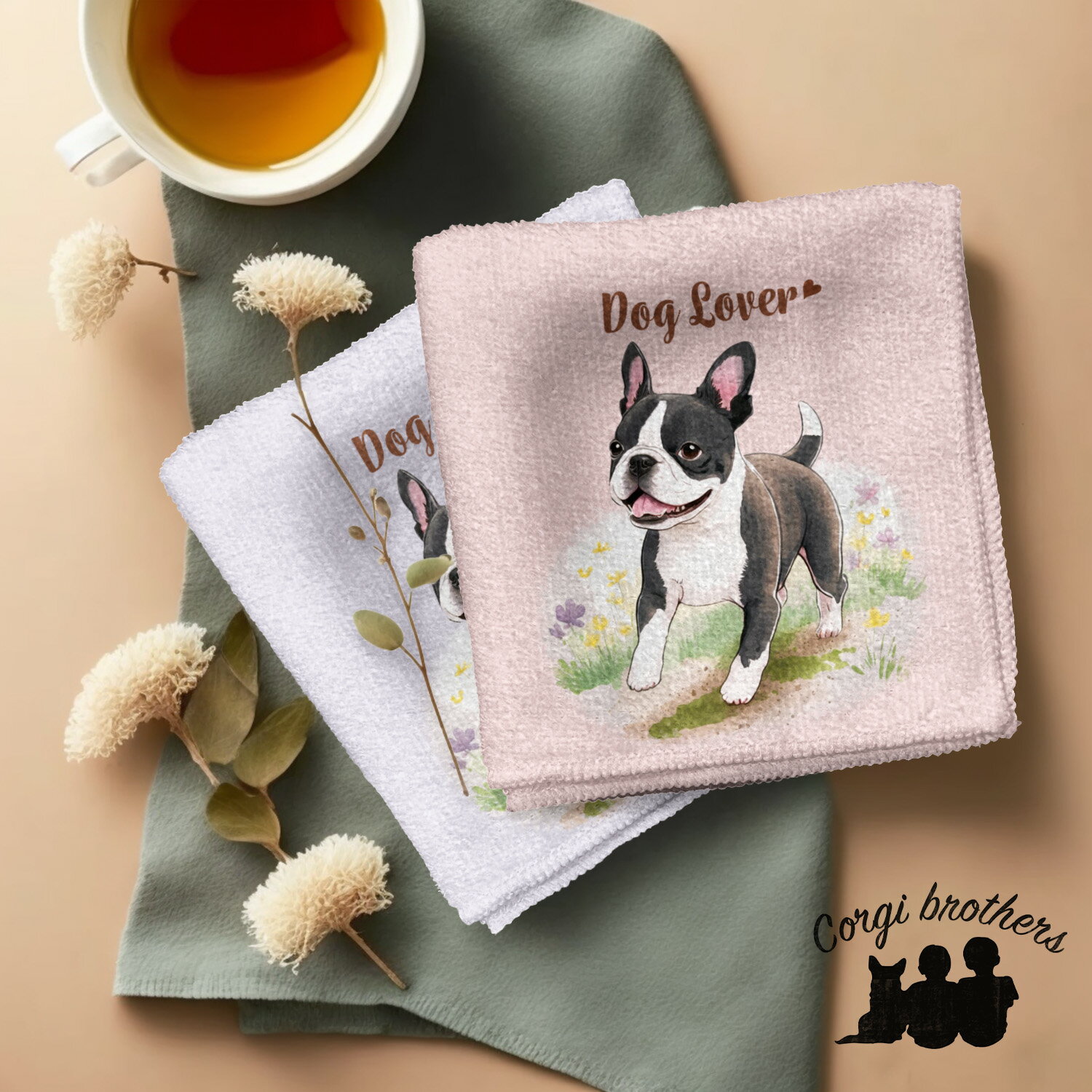 ボストンテリア 犬 ハンカチ かわいい 名入れ無料 2枚セット ペット うちの子 犬グッズ 犬イラスト プレゼント ギフト 名入れ 名前入り おしゃれ 誕生日 母の日 贈り物 コーギーブラザーズ 【自然に囲まれたシリーズ】 BSTWHND