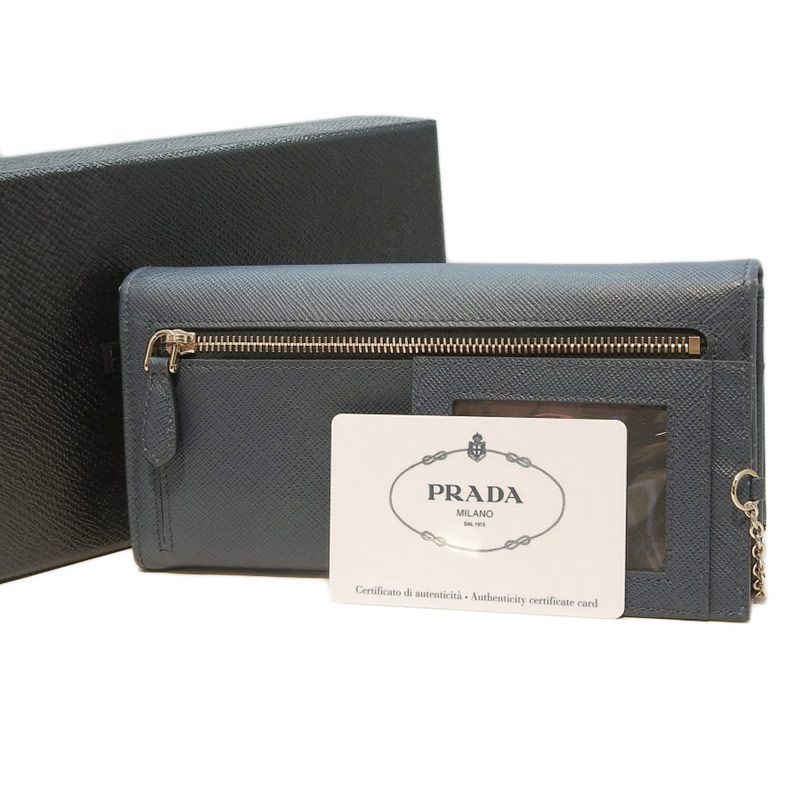 プラダ PRADA サフィアーノ レザー 二つ折り 長財布 パスケース付 青 【中古】