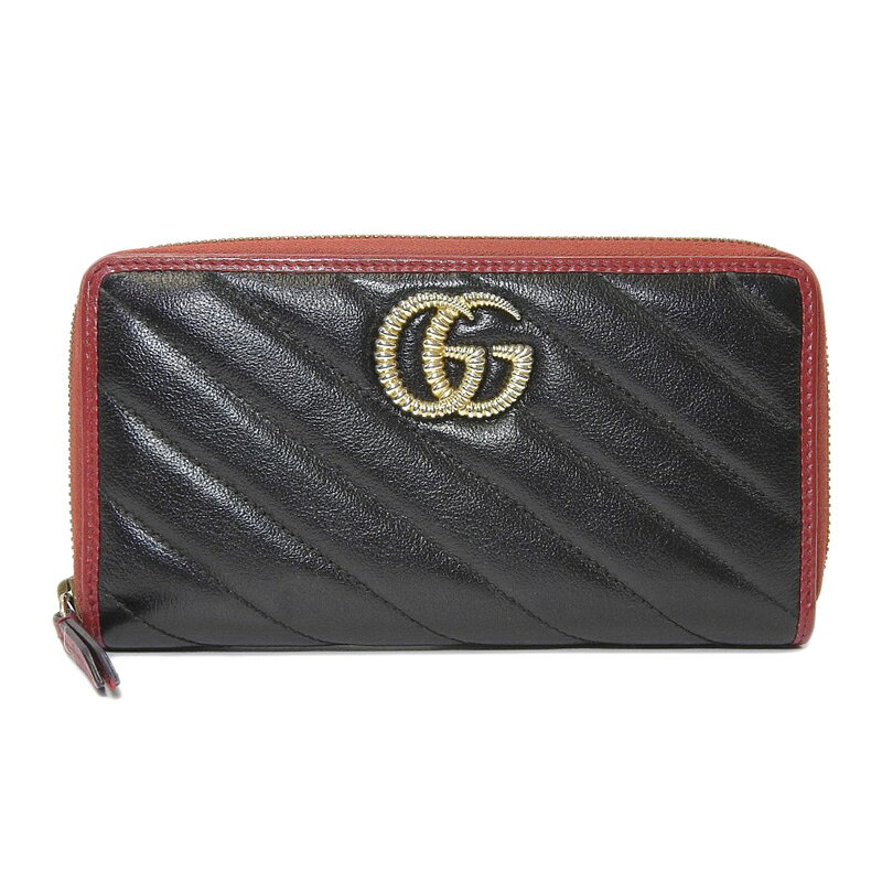 Rakuten - GUCCI グッチ GGマーモント ラウンドファスナー 長財布 レザー ブラック レッド 【中古】