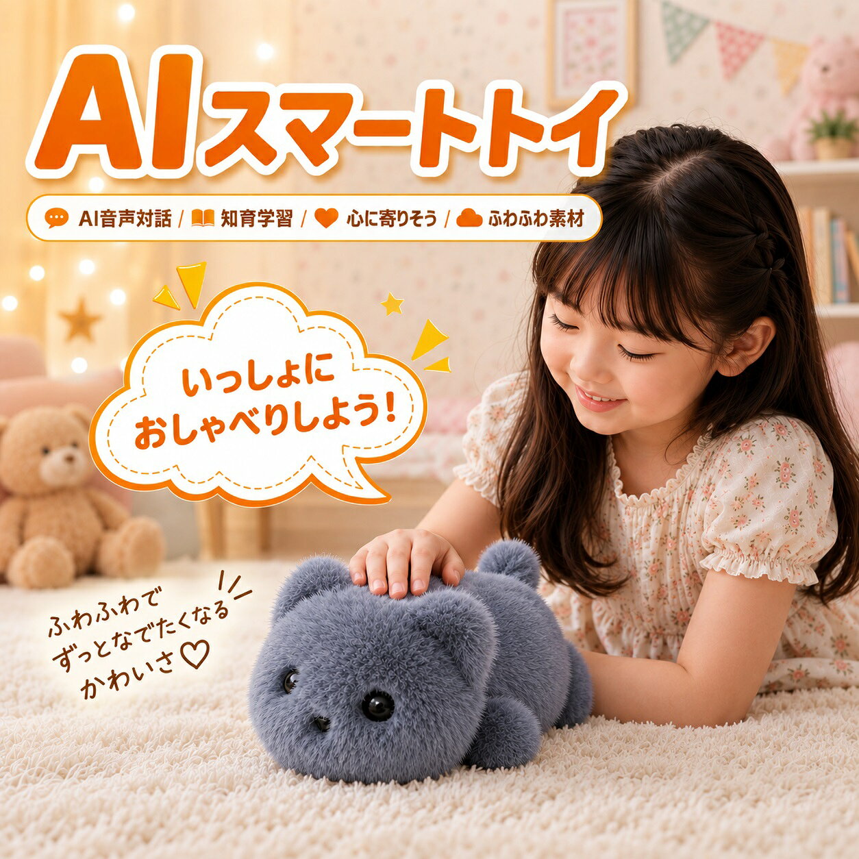 世界初、ChatGPT搭載。 言葉を超え、心を通わせるAIパートナー 「ただいま」に「おかえり」を。最新AIがあなたの家族に。 最先端のChatGPTモデルを採用。66ヶ国語に対応し、単なる玩具を超えた「対話」を、追加費用なしでお楽しみいただけます。 ■ 無限の知能 ChatGPT連携により、文脈を理解した自然な会話が可能。お子様の教育、シニアの話し相手、孤独を癒やすパートナーに。 ■ 66ヶ国語対応 日本語・英語はもちろん、世界の言語を網?。遊びながら自然に語学に触れられる、最高級の知育体験を提供します。 商品スペック サイズ マスコット型：12x10cm / ぬいぐるみ型：35x26cm 素材 ポリエステル100% / 高品質PP綿填充 バッテリー 1200mAh (Type-C急速充電対応) 接続環境 Tuya Smartアプリ (2.4GHz Wi-Fi専用 ※5GHz非対応) 【業界最長クラス】安心の2年間保証 レビュー投稿などの条件は一切ございません。ご購入から2年間、メーカーが責任を持って品質を保証いたします。日本人スタッフによる充実したカスタマーサポート完備。 メーカー希望小売価格はメーカーサイトに基づいて掲載しています メーカー希望小売価格はメーカーサイトに基づいて掲載しています メーカー希望小売価格はメーカーサイトに基づいて掲載しています メーカー希望小売価格はメーカーサイトに基づいて掲載しています