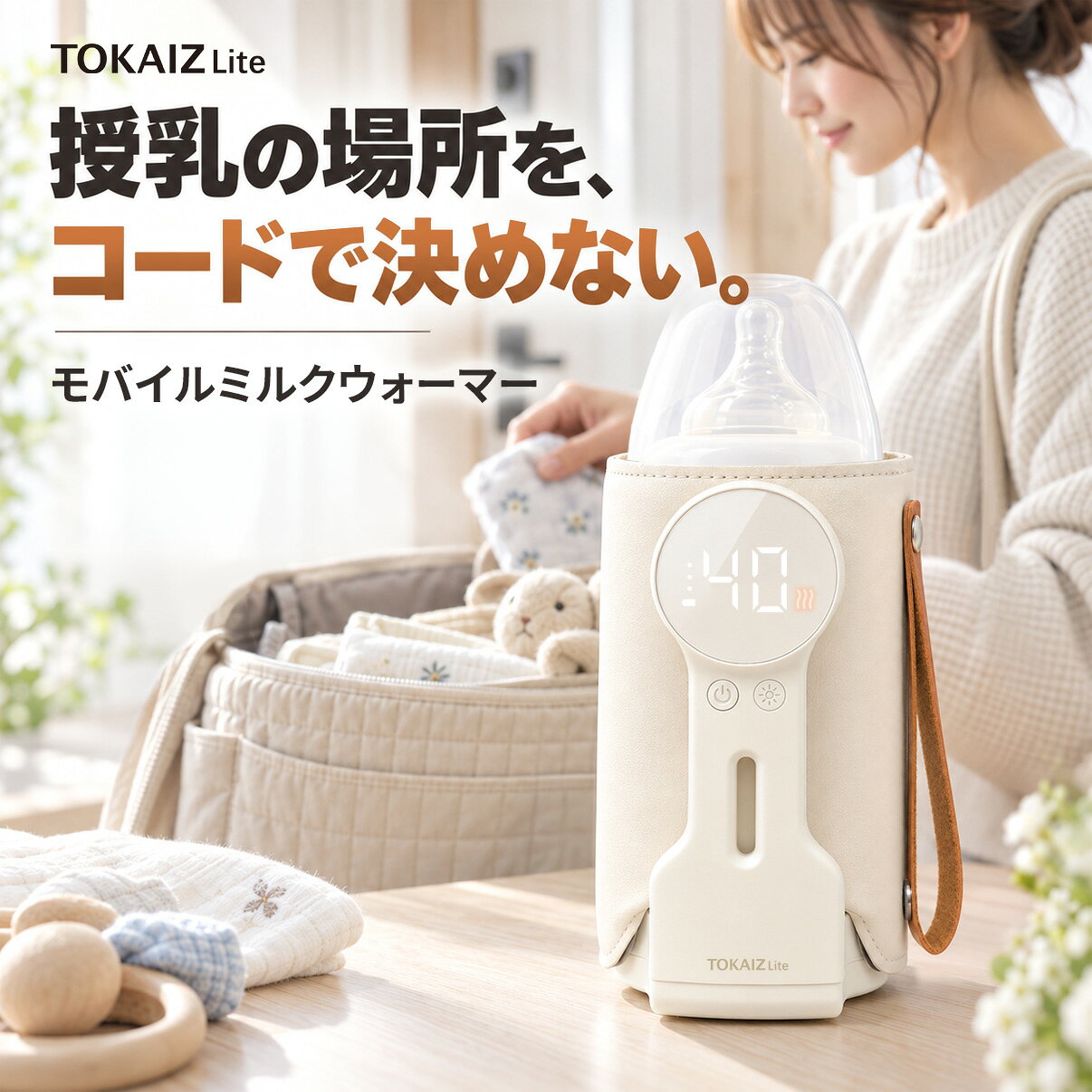 商品特徴 ・【充電式コードレスで持ち運び自由】6,000mAhバッテリー内蔵。コンセントのない外出先でもミルクの温め・保温ができ、旅行や帰省にも便利です。 ・【6段階温度設定で使いやすい】37℃〜55℃の6段階から温度を選択可能。見やすい液晶表示で設定温度を確認でき、用途に合わせて温められます。 ・【哺乳びんから離乳食まで対応】直径約6〜8.5cmの哺乳びんに対応。離乳食パウチや缶、ペットボトルなども温められます。※容器の形状・材質によっては使用できません。 ・【約270gの軽量＆ストラップ付き】コンパクトで持ち運びやすく、マザーズバッグにも収納しやすい設計。赤ちゃんとのお出かけをサポートします。 ・【ナイトライト＆5つの保護機能】夜間の授乳準備に便利なナイトライトを搭載。過充電・過放電・過電流・過電圧・短絡の5つの保護機能も備えています。 ※授乳前には必ずミルクの温度をご確認ください。 商品概要 TOKAIZ Liteは、哺乳瓶に巻き付けて使う充電式ミルクウォーマーです。ボトルウォーマーを探している方、電源コードに左右されずに授乳の準備をしたい方に向けて、温めと保温に必要な機能を持ち運びやすい本体にまとめました。約270gの軽さとストラップを備え、寝室からリビングへの移動、ベビーカーでの外出、帰省や旅行の荷物にも取り入れやすい設計です。 USB Type-Cで充電したあとはコードレスで使えます。6,000mAhバッテリーを内蔵し、37・40・42・45・50・55℃の6段階で設定温度を選択できます。温度はデジタル表示で確認でき、操作部は2つのボタンを中心にしたシンプルな構成。液晶に表示されるのは設定温度で、ミルクそのものの実測温度ではありません。 こんなお悩みに ・夜中の授乳時、明るい照明をつけずに手元を確認したい。 ・外出先で哺乳瓶を温めたいのに、近くにコンセントがない。 ・冷えやすい季節、ミルクの温度が気になって授乳の準備に手間がかかる。 ・哺乳瓶だけでなく、離乳食パウチなどにも使えるウォーマーを選びたい。 ・ベビー用品を持ち歩くため、重さやバッグへの収まりも確認しておきたい。 ・USB充電式の哺乳瓶ウォーマーでも、実際に対応する容器の大きさを知りたい。 この商品の強み ・【コードレスで使える】充電が済めば、使用中にコンセントへ接続し続ける必要がありません。室内で授乳場所を変えるときや、外出中の休憩時にも使いやすい仕様です。充電しながらの使用はできないため、お出かけ前に残量を確認してください。 ・【6段階の温度調節】37℃、40℃、42℃、45℃、50℃、55℃から用途に合わせて設定。目安を数字で確認しながら使えます。加熱時間や実際の液温は、内容量、初期温度、容器の材質や外気温によって変わります。 ・【発熱エリア約18×8cm】面で包む発熱エリアが、哺乳瓶などの容器を外側から温めます。当社従来品の約12×8cmの発熱エリアとの面積比較で約50％アップ。幅広い接触面を確保しながら巻き付けて使用できます。※比較は発熱エリアの面積であり、加熱速度や使用時間が50％向上する意味ではありません。 ・【持ち運びやすい約270g】高さ約15cmのコンパクトな本体に、取り回しやすいストラップを装備。手に持つほか、取り付け場所や周囲の安全を確認しながら掛けて持ち歩けます。赤ちゃんのお世話に必要なものを一緒に準備しやすくなります。 ・【夜の授乳に役立つライト】ナイトライトを搭載。寝室での授乳前後に、手元の確認を補助します。ライトは周囲を十分に照らす照明器具ではありません。 ・【容器に合わせて使える】直径約6〜8.5cmの哺乳びんを目安に、離乳食パウチ、缶、ペットボトルなどの温め・保温に対応。形状、素材、容量、包装の耐熱条件を確かめ、無理に巻き付けないでください。すべての容器への対応を保証するものではありません。 ・【電源まわりの5つの保護機能】過充電、過放電、過電流、過電圧、短絡に対応した保護設計。使用時の注意事項を守り、異常を感じた場合は直ちに使用を中止してください。 使いやすさへのこだわり 外側にはきめ細かなPUレザー調素材、内側にはなめらかなPU素材を使用。クッション層とヒーター層を組み合わせた4層構造で、手に触れる部分の質感にも配慮しています。汚れが気になったときは、電源を切り、十分に冷ましてから柔らかい布で拭いてください。本体の水洗いはできません。 本体を開いて容器に巻き付け、面ファスナーで固定して使用します。使用前には容器が安定していることを確認してください。使い慣れた哺乳瓶に装着できるかどうかは、直径だけでなく形状や材質も判断のポイントです。 ストラップは、手持ちと掛けて携帯する2WAYスタイル。ベビーカーの取っ手などに取り付ける場合は、乳幼児の手が届かない位置を選び、落下・巻き付き・接触に注意してください。移動中に吊り下げたまま加熱することを推奨するものではありません。 液晶表示は設定内容を見分けやすく、ボタン2つで温度を選択できます。ナイトライトも備えているため、日中の外出だけでなく就寝前の準備にも。操作方法は付属の取扱説明書に従ってください。 暮らしの中での使用シーン 寝室では、夜間の授乳に備えて必要なものを手元へまとめておくと、赤ちゃんを抱いたままの準備を進めやすくなります。ナイトライトは手元の確認を補助し、液晶表示で設定温度も確認できます。 公園や買い物の途中では、休憩場所で容器の材質とサイズを確かめてから使用。電源の位置を気にしすぎず、赤ちゃんのペースに合わせて授乳の準備を整えられます。 帰省や旅行では、いつもと違うお部屋でも普段使っている哺乳瓶を使えるか確認し、事前に充電して持参できます。移動時は電源を切り、容器から外して安全に収納してください。 離乳食の時期には、対応するパウチや缶などを温める補助としても活用できます。食材・包装材の表示に従い、与える前には必ず食品そのものの温度を確認してください。 おすすめの使用シーン ・夜間授乳や寝室でのミルク準備 ・ベビーカーでのお出かけ、散歩、買い物 ・帰省、旅行、外出先での授乳準備 ・対応する離乳食パウチの温め ・軽量で持ち運べる育児グッズを探している方 ご使用方法の目安 ・ご使用前に付属ケーブルで本体を充電し、充電ケーブルを取り外します。 ・本体を開き、対応サイズの哺乳瓶や容器を安定した状態で包み、面ファスナーで固定します。 ・電源を入れ、37〜55℃の6段階から設定温度を選びます。液晶の表示を確認してください。 ・内容量や室温に合わせて加熱・保温し、取り外す際は熱くなった箇所に注意します。 ・授乳前はミルクを均一にし、必ず液温を確認してください。表示温度だけを目安に授乳しないでください。 購入前によくあるご質問 Q．どんな哺乳瓶に使えますか？ A．対応直径の目安は約6〜8.5cmです。ガラスや樹脂など材質・形状によって熱の伝わり方や装着可否が異なります。実際に使う哺乳びんのサイズとメーカーの取扱条件をご確認ください。 Q．USBにつなぎながら温められますか？ A．いいえ。充電中の使用には対応していません。充電を済ませ、ケーブルを外してからご利用ください。USB Type-Cは本体への充電端子です。 Q．何分で温まりますか？ A．加熱時間はミルクの量、開始温度、設定温度、容器の素材、周囲温度などで変動するため、一律の時間はご案内していません。温まり具合は実際に確認してください。 Q．調乳用のお湯を沸かすことはできますか？ A．いいえ。お湯を沸かすケトルや調乳ポットではありません。粉ミルクの調乳に使用する湯は、粉ミルクメーカーの表示と衛生上の指針に従って用意してください。 Q．持ち運び中も加熱したままでよいですか？ A．移動時は安全のため電源を切り、容器が外れたり落下したりしないよう収納してください。停車中の車内などで使用する場合も、安定した安全な場所で扱ってください。 Q．使用後はどうお手入れしますか？ A．電源を切って十分に冷ましてから、柔らかい布で拭いてください。水洗いはしないでください。お手入れの詳しい方法は取扱説明書をご覧ください。 使用前には、ストラップや面ファスナーにゆるみ・破れがないかを確認し、本体を無理に引っ張らないでください。使用する哺乳瓶や食品容器は付属していません。ご家庭にある容器が対応するか、購入前に必ずご確認ください。 ミルクを安全に扱うために 本製品は容器の外側から温め・保温を補助するウォーマーであり、粉ミルクを調乳する機器や消毒器ではありません。厚生労働省が案内する乳児用調製粉乳の衛生指針では、調乳時に70℃以上の湯を使用し、調乳後2時間以内に使用しなかったミルクは廃棄するとされています。温め・保温の設定温度を調乳時の湯温と混同せず、調乳したミルクを長時間温かい状態で保存しないでください。 ミルクを与える前には容器を適切に取り扱い、必ず内容物の温度をご確認ください。商品の温度表示は設定温度の表示であり、哺乳瓶内の液温を直接測定するものではありません。加熱時間・保温可能時間と食品を安全に保存できる時間は別のものです。 商品名称充電式ミルクウォーマー ブランドTOKAIZ Lite 商品説明 型番：LMW-001 材質：ABS＋PU 本体サイズ：約90×80×150mm 質量：約270g バッテリー容量：6,000mAh 電池種類：リチウムイオン電池 温度設定：6段階（37/40/42/45/50/55℃） 定格入力：5V/1.5A 定格消費電力：22W 充電時間：約5時間 使用時間：約2.15〜5.5時間 充電端子：USB Type-C 対応哺乳びん直径：約6〜8.5cm 発熱エリア：約18×8cm その他機能：ナイトライト、ストラップ付き 付属品充電ケーブル、取扱説明書（保証書付き） 保証期間本体1年間 注意事項 ※表示温度は設定温度です。授乳前に必ずミルクの温度をご確認ください。 ※使用時間や加熱時間は、設定温度・内容量・使用環境などにより異なります。 ※哺乳びんの材質・形状・サイズによっては使用できない場合があります。 ※本製品はミルクや飲みものの温め・保温用です。お湯を沸かす用途には使用できません。 ※充電しながらの使用はできません。 ※お手入れの際は電源を切り、本体が十分に冷めてから行ってください。水洗いはしないでください。 初期不良をはじめ、商品に何らかの異常がございましたら問い合わせページよりご連絡ください。授乳の場所を、コンセントで決めない。 授乳の時間は、いつも同じ場所とは限りません。夜中に赤ちゃんが目を覚ましたとき、ベビーカーで外出しているとき、帰省先や旅行先で授乳の準備をするとき。TOKAIZ Liteは、充電して持ち運べるコードレスミルクウォーマー。ミルクの温め・保温を、いつもの生活の中でも外出先でもサポートします。 約270gの軽量な本体に、6,000mAhのリチウムイオン電池を内蔵。哺乳瓶を外側から包むウォーマーなので、対応サイズのボトルに巻き付けて使えます。使い慣れた哺乳瓶を温めたい方、バッグの荷物を増やしすぎたくない方、夜間の授乳準備を少しでも進めやすくしたい方におすすめです。 こんなお悩みに ・夜間に哺乳瓶を温めたいけれど、寝室のコンセントが遠い。 ・赤ちゃんとの外出で、ミルクを温められる場所が見つからない。 ・充電式のボトルウォーマーは重さが気になり、持ち運びをためらう。 ・ミルクの温度を細かく設定したいのに、操作が複雑なものは使いにくい。 ・哺乳びん以外の容器にも使えるか、購入前に確かめておきたい。 ・出産準備で授乳用品をそろえる際、保証やお手入れの方法も重視したい。 この商品の強み 1．充電して使う、コードレススタイル 約6,000mAhのバッテリーを内蔵。自宅で充電を済ませたあとは、電源コードをつなぎ続けずに使えます。電源を確保しにくい外出先や、家具の配置に左右されやすい寝室でも、使用場所を選びやすくなります。充電中は使用できません。使い始める前には、十分に充電されているか確認してください。 2．設定しやすい6段階の温度調節 37℃、40℃、42℃、45℃、50℃、55℃から温度を選べます。見やすい液晶表示がついているため、設定した数値を確認しやすいのも特長です。哺乳瓶の温度管理を意識したい方にとって、用途や外気温に応じた設定が選べるのはうれしいポイント。表示される数値はミルクの実温度ではなく、設定温度です。必ず実際の液温を確認してから授乳してください。 3．広く包む発熱エリア約18×8cm 容器の側面を包みながら温める構造です。発熱エリアは約18×8cmで、当社従来品の約12×8cmとの面積比較では約50％拡大。ミルクウォーマーの内側に広く設けられたヒーター層が、容器の外側から温め・保温を補助します。※この比較は発熱部分の面積に関するもので、加熱速度や消費電力を比較したものではありません。 4．小さなバッグにも入れやすい約270g 本体サイズは約90×80×150mm。マザーズバッグの中でも場所を取りすぎないよう配慮したコンパクトな仕様です。手で持ったり掛けて運んだりできるストラップ付き。家の中の移動からベビーカーでのお出かけまで、普段の育児に取り入れやすくしました。収納するときは本体を冷まして電源を切ってください。 5．夜の手元を助けるナイトライト 夜間の授乳準備に便利なライトを搭載。暗い部屋でボトルやボタンの位置を確かめたいとき、手元を補助的に照らします。寝室で使う際は、赤ちゃんが本体やストラップに触れない安全な位置を確保してください。ライトは部屋全体を照らす照明器具ではありません。 6．電気まわりの5つの保護機能 過充電・過放電・過電流・過電圧・短絡に対応する保護機能を搭載。毎日使用する製品だからこそ、使用上の注意事項を守りながら使えることを大切にしています。保護機能がある場合でも、落下・水濡れ・異常発熱などには十分注意してください。 使いやすさへのこだわり 簡単に取り付けやすい、巻き付けタイプ 本体を開き、対応する哺乳びんを包むようにセットして、面ファスナーで固定します。対応直径の目安は約6〜8.5cm。直径が範囲内でも、哺乳瓶のくびれや取っ手などによって取り付けにくい場合があります。お使いのボトルの形を確認してお選びください。 2つのボタンで温度を選ぶ 前面には液晶表示と操作ボタンを配置。6段階の温度から、使用目的に合わせて設定できます。複雑な操作を増やしすぎず、夜中やお出かけの準備中も確認しやすい配置です。正しい操作手順は付属の取扱説明書をご覧ください。 触れる部分にも配慮した4層構造 外側のPUレザー調素材、クッション層、ヒーター層、内側のPU素材を組み合わせました。やわらかな質感と、容器に沿わせて使う加熱構造の両立を目指したつくりです。使用後は電源を切り、十分に冷めてから拭き取ってください。水洗いはできません。 哺乳びんだけで終わらない ミルクの授乳だけでなく、対応する離乳食パウチ、缶、ペットボトルなどの温めにも使えます。赤ちゃんが成長して離乳食を始めた時期にも役立つ可能性がある設計です。ただし、すべての容器や食品に使用できるわけではありません。容器の形状・素材・包装の耐熱条件を必ず確認してください。 暮らしの中での使用シーン 夜、赤ちゃんが目を覚ましたら 寝室での授乳では、慌てず準備を進めたいもの。TOKAIZ Liteなら、あらかじめ充電した本体を準備しておき、哺乳瓶に装着して加熱・保温できます。ナイトライトと液晶表示は、手元の確認にも役立ちます。ミルクを飲ませる前に必ず実際の温度を確認してください。 散歩や買い物の合間に ベビーカーでお出かけするとき、持ち物が増えるのは避けたいところ。約270gの軽量なミルクウォーマーならバッグへ収納しやすく、外出先の休憩時に取り出して使えます。充電した状態で持参し、使用時には安定した場所を選んでください。 家族のところへ帰省するとき 普段と違う環境では、コンセントの位置や授乳場所が変わることも。持ち運びできる充電式タイプなら、いつも使用している対応サイズの哺乳瓶と組み合わせられます。帰省前には充電時間と使用時間の目安を確認しておくと安心です。 離乳食が始まったら 対応する離乳食パウチや缶などの温めの補助にも。食品パッケージに記載された温め方や注意事項を確認し、与える前に温度を確かめてください。ミルクだけに用途を限定しないのも特長です。 おすすめの使用シーン ・寝室やリビングでの夜間授乳 ・公園、散歩、買い物など赤ちゃんとの外出 ・帰省、旅行など慣れない場所でのミルク準備 ・離乳食パウチや缶などの対応容器の温め ・コードレスの授乳グッズを探している方 ・出産準備や育児用品の買い足しを考えている方 お使いになる前に 充電端子はUSB Type-C、定格入力は5V/1.5Aです。付属の充電ケーブルで充電し、充電中は本体を使用しないでください。充電時間の目安は約5時間、使用時間の記載目安は約2.15〜5.5時間です。実際の使用時間は温度設定、使用環境、電池残量、外気温などによって変動します。 製品本体の定格消費電力は22W、材質はABS＋PU。リチウムイオン電池を内蔵しているため、強い衝撃や水濡れを避け、異常がある場合は使用を中止してください。使い終わったら電源を切り、熱が十分に下がってから収納してください。 よくあるご質問 Q．哺乳瓶の種類に制限はありますか？ A．対応直径は約6〜8.5cmを目安としています。ガラス製・樹脂製など材質により熱の伝わり方が異なり、形状によっては装着できません。お手持ちの容器を確認してください。 Q．液晶に40℃と出たらミルクも40℃ですか？ A．いいえ。液晶表示は設定温度です。哺乳瓶の中のミルクの液温は異なる場合があるため、授乳前に必ず実際の温度を確認してください。 Q．粉ミルクを作るお湯を沸かせますか？ A．いいえ。本製品に湯沸かし機能はなく、調乳ポットや哺乳瓶消毒器の代わりにはなりません。粉ミルクを調乳する際は、製品メーカーや衛生指針に従ってください。 Q．ミルクを長時間保温しておいてもいいですか？ A．調乳済みのミルクを長時間温かい状態で保存することは推奨していません。乳児用調製粉乳は、70℃以上の湯を使った調乳と、調乳後2時間以内に使用しなかった分の廃棄が衛生上の目安とされています。 Q．付属品と保証を教えてください。 A．充電ケーブル、取扱説明書（保証書付き）が付属し、本体保証期間は1年間です。初期不良などは問い合わせページよりご連絡ください。 Q．ストラップはどのように使えますか？ A．手持ち用として使ったり、適切な場所に掛けて携帯したりできます。ベビーカーなどに掛ける場合は落下、ひっかかり、乳幼児の手が届く位置を避けてください。使用中は容器を安定した場所に置いてください。 Q．冬の屋外でも同じ時間で温まりますか？ A．いいえ。外気温が低いときは、同じ設定でも加熱時間やバッテリーの持続時間が変わる場合があります。設定値のみで判断せず、内容物の温度を必ずご確認ください。 ご購入前の確認事項 ※商品の温度表示は設定値です。ミルク・飲みもの・離乳食の実際の温度は、与える前に必ずご確認ください。 ※加熱に必要な時間は、内容量・開始温度・容器の材質や形状・周囲の環境などによって異なります。 ※哺乳瓶の直径が範囲内でも、形状により固定できない場合があります。包装材の耐熱条件も確認してください。 ※本製品はお湯を沸かす機器ではありません。充電しながらの使用はできません。お手入れの際は冷ましてから拭き取り、水洗いしないでください。