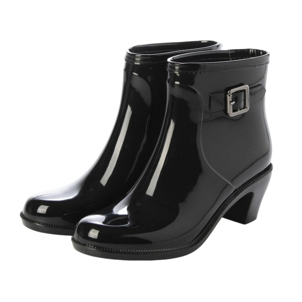 LL(24.0-24.5cm) レディース ショート レインブーツ レインシューズ バックル ベルト チャンキーヒール エナメル調 完全防水 防滑意匠 婦人 黒...