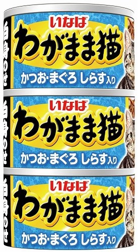 かつおとまぐろの血合い肉に白身をトッピングした水煮タイプの缶詰。【メーカー】いなばペットフード　株式会社【分類】猫用フード【原材料】カツオ、マグロ、シラス、フィッシュエキス、増粘剤(加工デン粉)、ビタミンE、緑茶エキス【保証成分】たんぱく質16.0%以上、脂質1.5%以上、粗繊維0.1%以下、灰分2.5%以下、水分80.0%以下【給与方法】標準サイズの成猫には、1日1缶を目安に総合栄養食と一緒にお与えください。【商品サイズ】130×75×75(mm)【原産国または製造地】タイ【諸注意】(保存方法)お使い残りが出た場合は、他の容器に移し替えて冷蔵庫に入れ早めにお使い下さい。