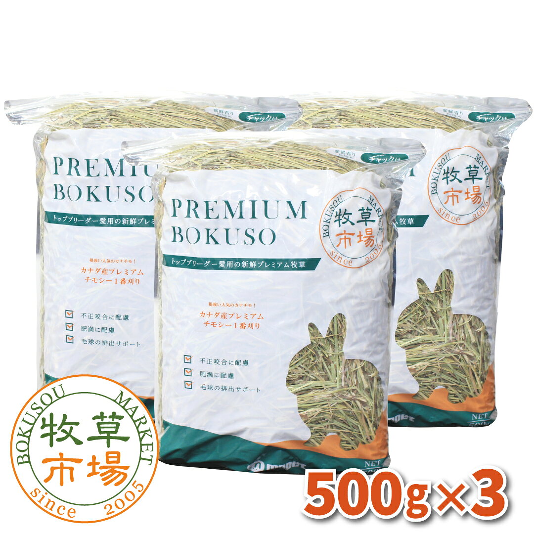 牧草市場 カナダ産プレミアムチモシー1番刈り牧草1.5kg（500g×3パック） （うさぎ・モルモットなどの牧草） 【ymt】