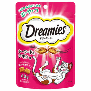 ●外はカリッ！中はトロッ！の2層粒と、まぐろ・かに・白身魚とチキンの風味たっぷりでたまらないおいしさ ●猫ちゃん大喜びのおやつ！ 内容量 60g 原材料 肉類（チキン等）、穀類（とうもろこし等）、油脂類、酵母、魚介類（カニエキス、まぐろエキス、白身魚エキス等）、ビタミン類（A、B1、B2、B6、B12、D、E、コリン、ナイアシン、パントテン酸、ビオチン、葉酸）、ミネラル類（Ca、Cl、Cu、I、K、Mn、Na、Zn）、アミノ酸類（タウリン、メチオニン）、着色料（二酸化チタン、酸化鉄、赤色40号）、酸化防止剤（ミックストコフェロール、ローズマリー抽出物、クエン酸） メーカー/ブランド マースジャパン
