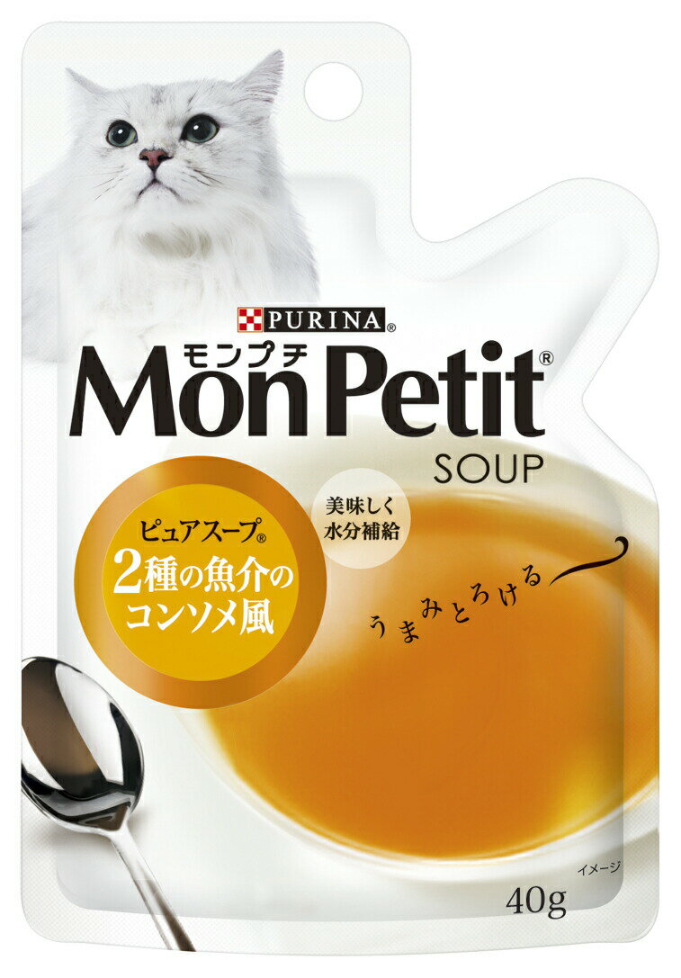 「2種の魚介」の厳選素材のうまみを凝縮し、芳醇な香りの「コンソメ風」仕上げに。 分類 猫用フード 原材料魚介類（フィッシュエキス、白身魚エキス）、植物性油脂、調味料、増粘安定剤（加工でんぷん、増粘多糖類）、酸味料、ビタミンE 保証成分粗たん白質 1.5%粗脂肪 0.05%粗繊維 1%粗灰分 3%水分 96% カロリー5Kcal/100g 内容量40G メーカー ネスレ日本　ネスレピュリナペットケア 対象猫