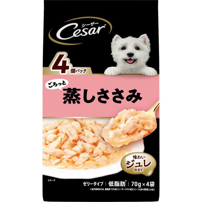 低脂肪なささみをふっくら蒸して低カロリー＊に仕上げました。厳選されたささみを、丁寧な調理で素材のおいしさをそのまま閉じ込めました。（＊シーザーパウチ成犬ビーフ＆彩り野菜入り比36％減）【給与方法】体重5kgの成犬には、1日あたり1袋をドライフード等の総合栄養食と共に、2回程度に分けて与えてください。【原材料】肉類（鶏肉、ささみ等）、小麦、増粘多糖類、食塩、塩化カリウム、リン酸塩【保証成分】たんぱく質7.5％以上、脂質0.3％以上、粗繊維0.5％以下、灰分3％以下、水分90％以下【エネルギー】30kcal/1袋【メーカー名】マースジャパンリミテッド【原産国または製造地】タイ【諸注意】与え方や給与量を守り、用途以外には使用しないでください。