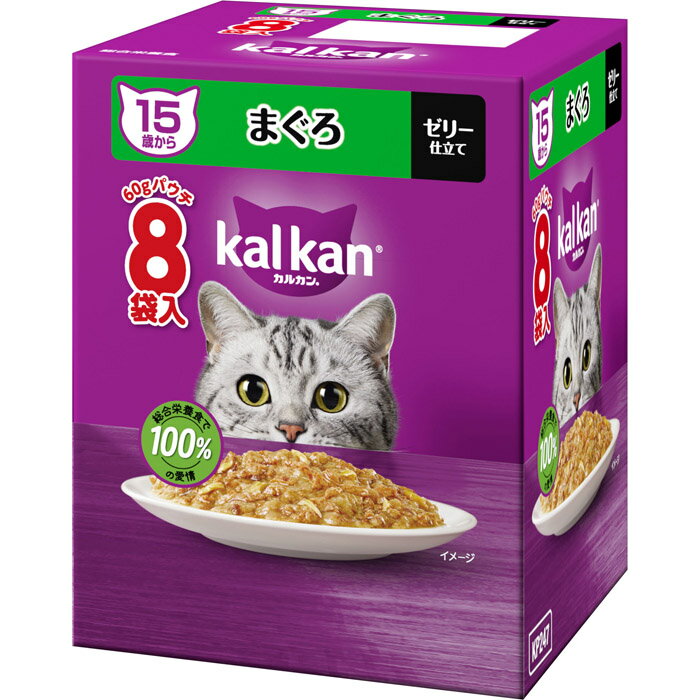 ・抜群のおいしさに進化！厳選されたまぐろをカルカン特製だしで煮込み、ジューシーなゼリー仕立てにしました。・15歳以上の猫に必要な栄養素がバランスよく含まれた総合栄養食です。・食べやすい小さめフレーク。【原材料】魚介類(かつお、さば、まぐろ等)、肉類(チキン、ビーフ等)、植物性油脂、穀類、調味料(アミノ酸等)、ビタミン類(B1、B12、B2、B6、C、E、K、コリン、ナイアシン、パントテン酸、ビオチン、葉酸)、ミネラル類(Ca、Cl、Cu、Fe、I、K、Mg、Mn、Na、Zn)、アミノ酸類(タウリン)、増粘多糖類、ポリリン酸Na、EDTA-Na、発色剤(亜硝酸Na)【保証成分】タンパク質8.0％以上、脂質1.0％以上、粗繊維0.5％以下、灰分3.0％以下、水分88.0％以下【エネルギー】38kcal/1袋【メーカー名】マースジャパンリミテッド【原産国または製造地】タイ